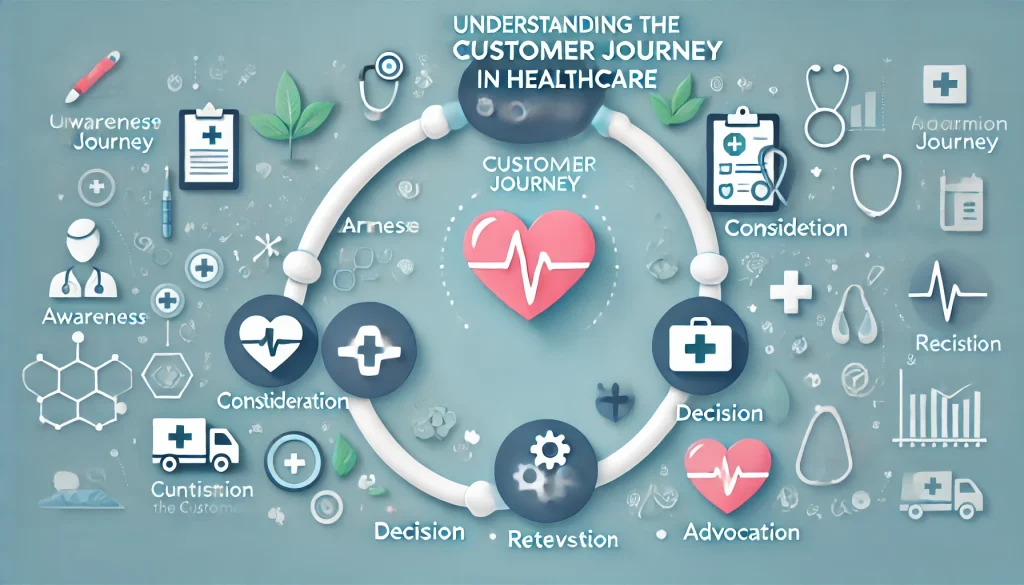 understanding the customer journey in healthcare, showing stages of awareness, consideration, decision, retention, and advocacy with healthcare-related icons and symbols