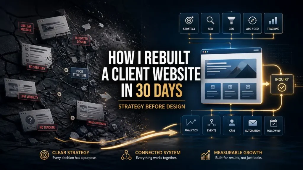 Featured image for the blog post “How I Rebuilt a Client Website in 30 Days,” showing a messy website system transforming into a clear strategy-led website growth system.