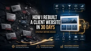 Featured image for the blog post “How I Rebuilt a Client Website in 30 Days,” showing a messy website system transforming into a clear strategy-led website growth system.