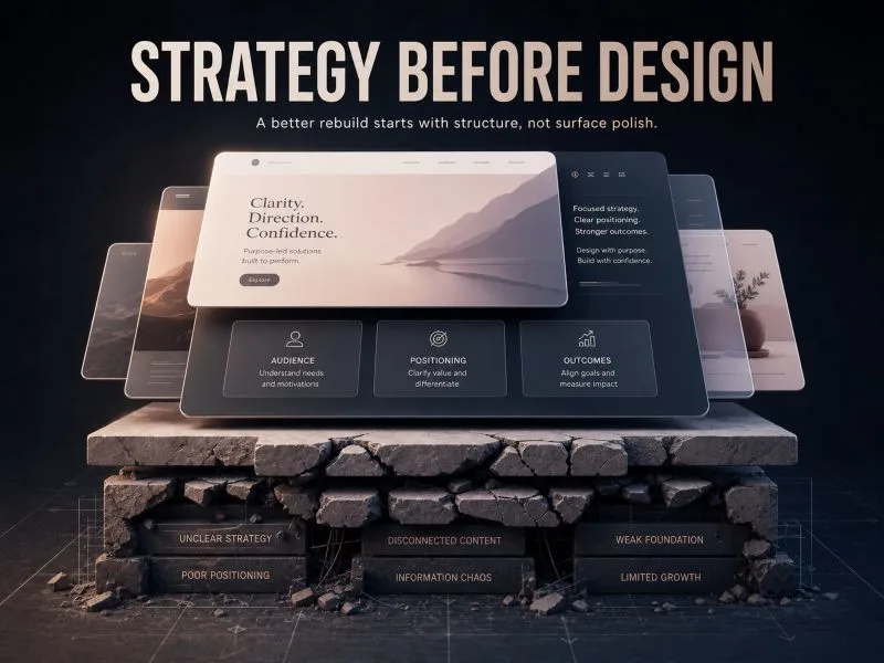 Image showing a polished website surface on a cracked foundation to illustrate why strategy should come before design.