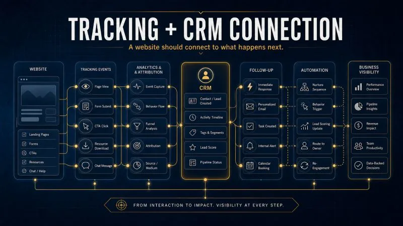 Image showing a website connected to tracking events, analytics, CRM records, follow-up actions, automation routes, and business visibility.