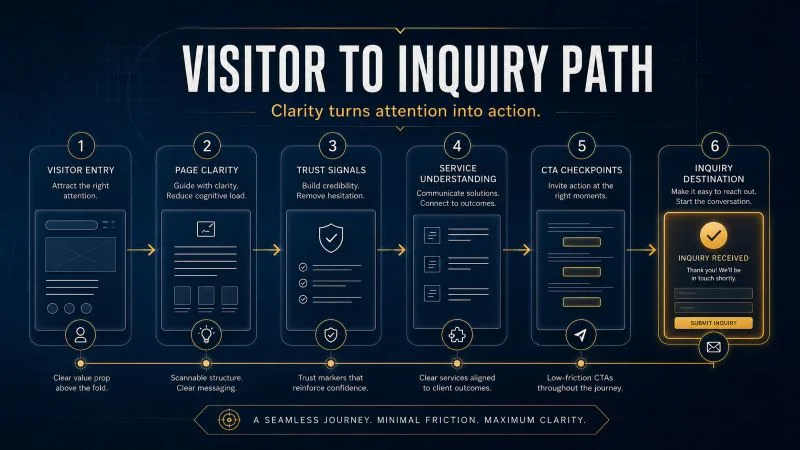 Image showing a clear path from website visitor entry through key page steps, trust signals, service understanding, CTA checkpoints, and an inquiry destination.