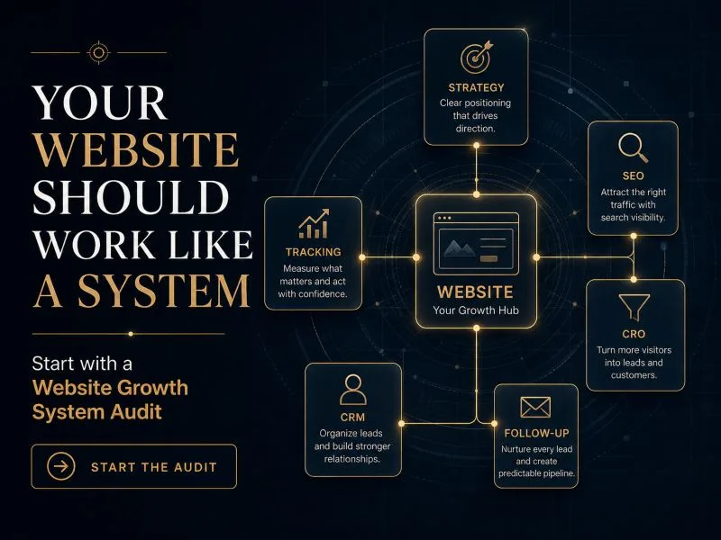 CTA image showing a website connected to strategy, SEO, CRO, tracking, CRM, and follow-up as part of a broader website growth system.