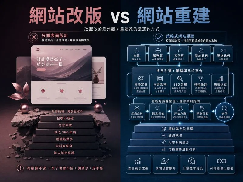 Comparison image showing the difference between a cosmetic website redesign and a strategy-led website rebuild.