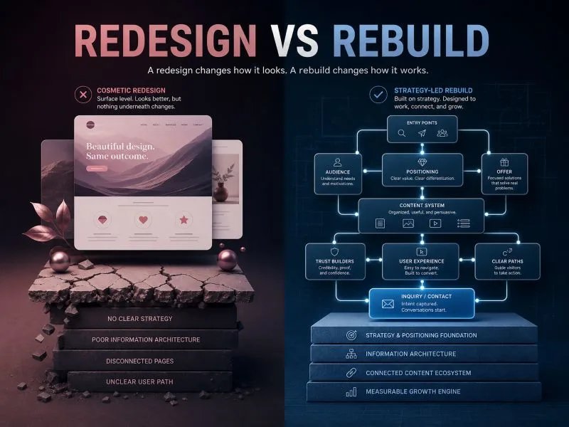 Comparison image showing the difference between a cosmetic website redesign and a strategy-led website rebuild.